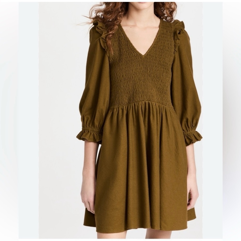 MADEWELL V Neck Olive Green Smocked Midi Dress